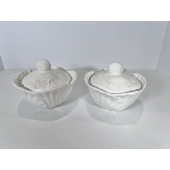 VTG OLFAIRE Portugal White Ceramic Shell Lidded Bowls Set Of 2- Coastal Cottage - Picture 1 of 15